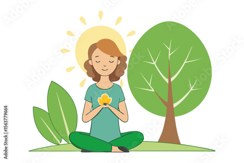 A woman meditates peacefully outdoors under the warm sun surrounded by lush green nature and trees embodying tranquility and mindfulness