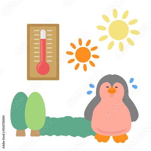 外で暑さを感じるペンギン　熱中症対策　イラスト