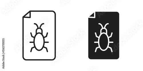 Bug report icon. Flat and stroke versions. Graphic elements.