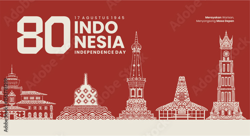 80th Indonesia Independence Day Banner with Traditional Landmark Line Art and Red Background