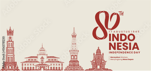 80th Indonesia Independence Day Banner with Traditional Landmark Line Art and Red Background