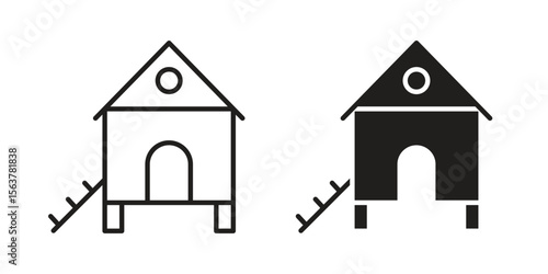 Chicken coop icon. Flat and stroke versions. Graphic elements.