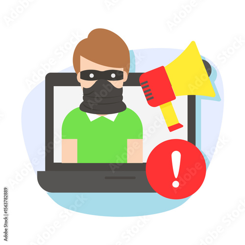 warning about online scams or cyberbullying concept,  fraudster with fake prostock vector design, Social Media Marketing Sign, Online business symbol, Scammers actively promoting stock  illustration