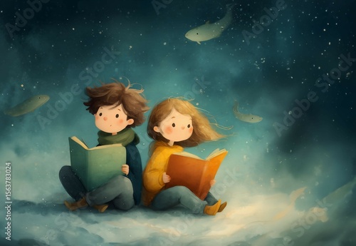 little boy and girl reading a book