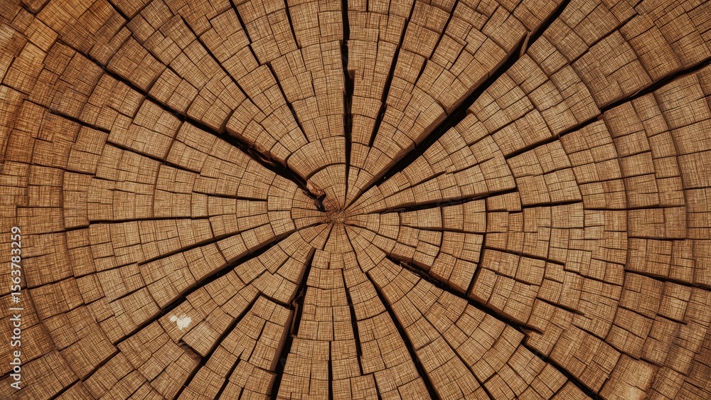 Fototapeta premium Top View of Natural Tree Trunk Cross Section Showing Growth Rings and Cracks for Wood Texture Background Design, Rustic, Organic, Brown Colors, Forestry, Nature Detail Pattern