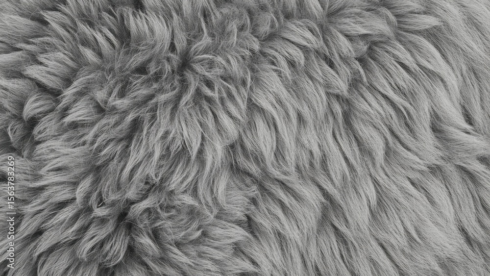 Obraz premium Texture of soft gray faux fur fabric close-up for cozy winter fashion, home decor, textile design, warm background, plush surface, fluffy detail, neutral tones, comfort, and elegance
