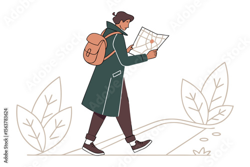 A person with a backpack walks while looking at a map navigating through a stylized outdoor environment with leaves and a path