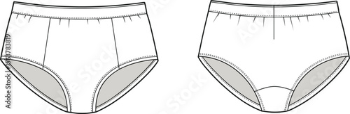 Front and back sketch of men’s brief underwear with seam variations, fashion apparel template, garment construction drawing, clothing design layout illustration