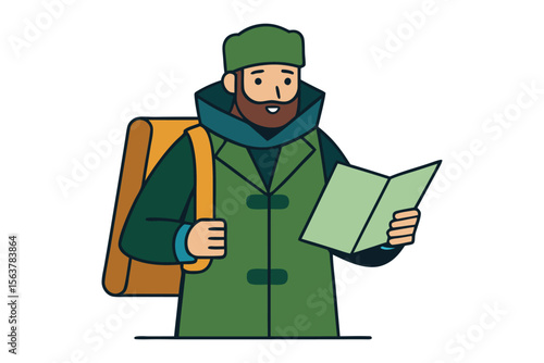 A cheerful bearded man wearing a green coat and hat carrying a backpack and studying a map with a smile