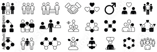 Icon set representing gender equality, community teamwork, diversity, inclusion, collaboration, human rights, justice, unity, partnership, and social connection themes