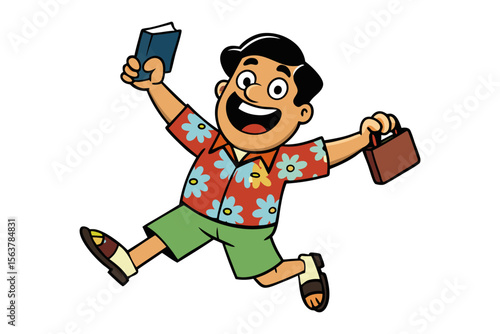 Excited cartoon man in hawaiian shirt and shorts jumps with joy holding a book and briefcase ready for adventure