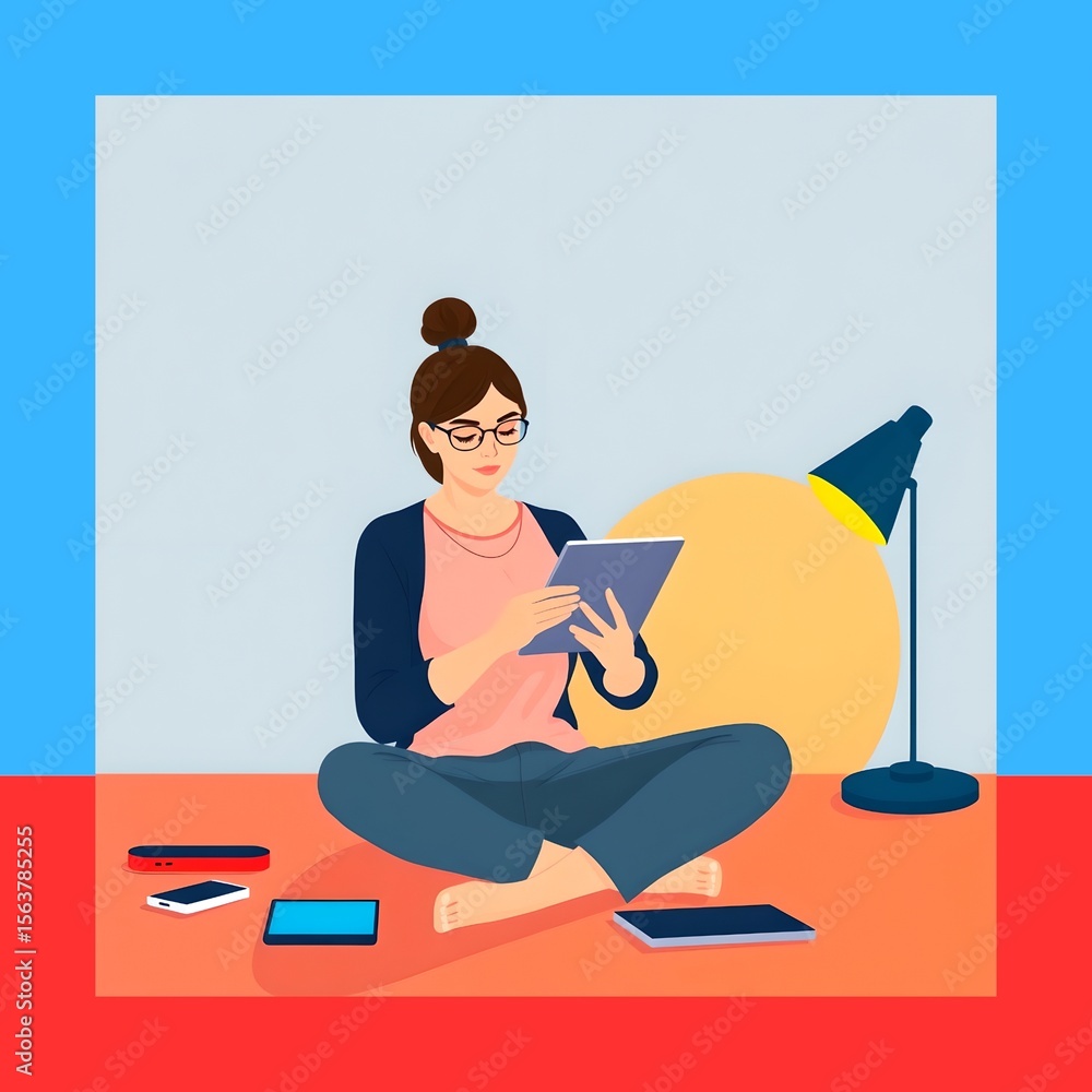 Obraz premium Young Woman Freelancer on Floor with Tablet – Flat Vector Illustration of Independent Tech Lifestyle