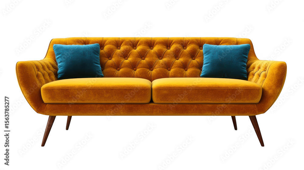 Fototapeta premium Mustard yellow velvet sofa with teal pillows isolated on transparent background