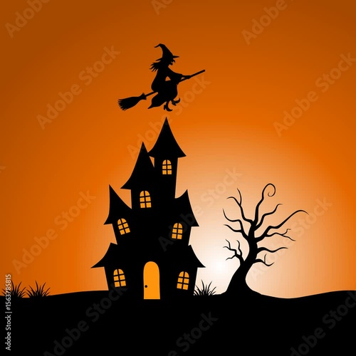 Spooky Halloween animation featuring a witch flying on a broomstick over a haunted house and creepy tree with an eerie orange background. Perfect for scary season content
