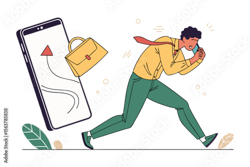Busy businessman talking on the phone while rushing to catch his flight with his briefcase emerging from a giant smartphone screen