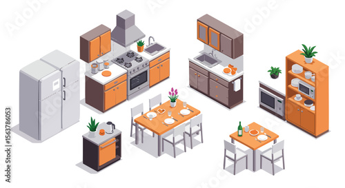 Isolated Isometric Vector Collection Of Modern Kitchen Appliances, Cabinetry, And Dining Furniture Elements