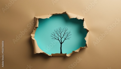 Abstract conceptual landscape featuring a silhouette tree inside torn paper