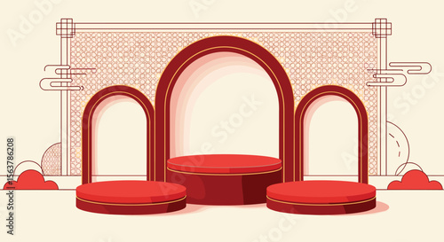 Chinese New Year Celebration Festive Background with Archways and Red Podium for Product Display