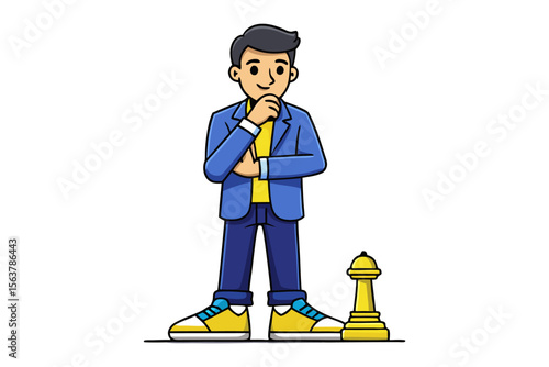 A thoughtful young man in a blue jacket and yellow shirt stands next to a golden chess piece contemplating his next move