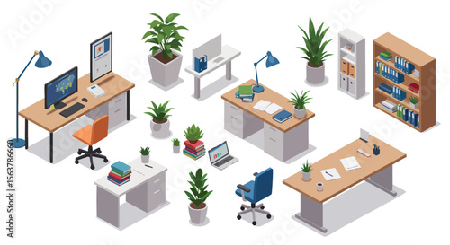 Isometric Set of Modern Office Furniture, Desks, Chairs, and Green Plants for Productive Workspaces