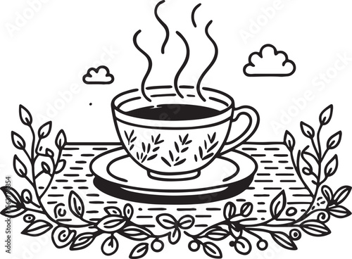 Vector illustration of steaming coffee cup with saucer and leaves