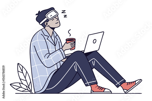 Tired person in pajamas with sleep mask holding a hot drink while working on a laptop and resting