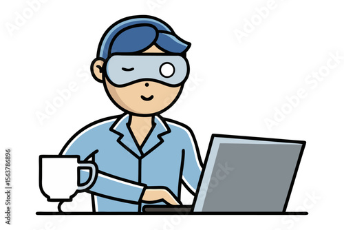 A person wearing a sleep mask works on a laptop while holding a mug suggesting late night or early morning productivity