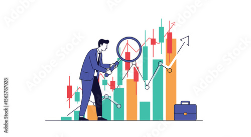 Illustrating a Professional Businessman Analyzing Financial Market Trends with Candlestick Charts and Data Growth