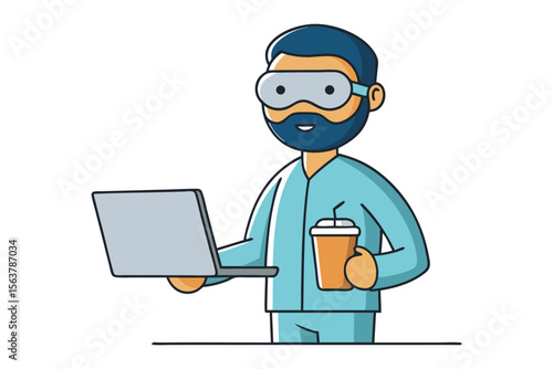 Cartoon scientist wearing goggles and scrubs holding a laptop and a cup of coffee representing innovation and research