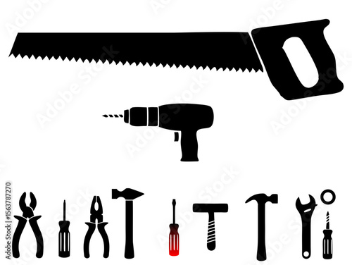 Hand tools silhouette vector illustration saw drill hammer screwdriver wrench pliers, vector
