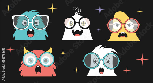 Five Adorable Fuzzy Monsters Wearing Stylish Glasses Against a Sparkling Starry Night Background