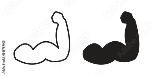 Strong arm icon. Flat and stroke versions. Graphic elements.