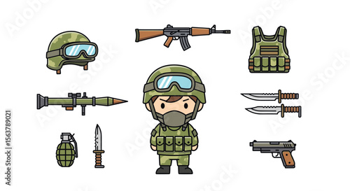 Pixelated Military Soldier and Essential Combat Gear Collection for Game Design and Art Projects