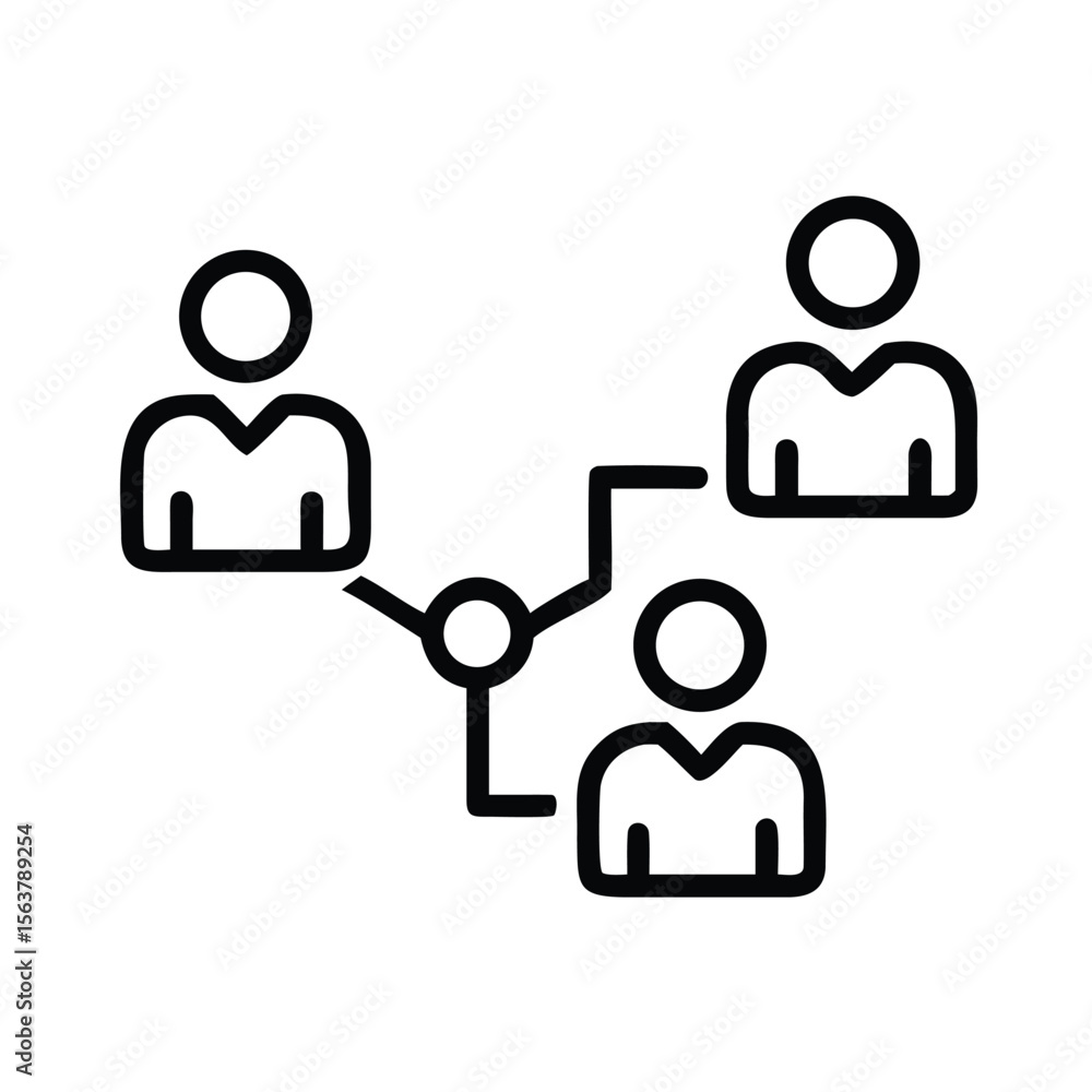 Simple line icon representing a team with a central leader figure, symbolizing collaboration, teamwork, leadership, community, and group coordination. Ideal for business, HR, and communication Simple line icon representing a team with a central leader figure, symbolizing collaboration, teamwork, leadership, community, and group coordination. Ideal for business, HR, and communication