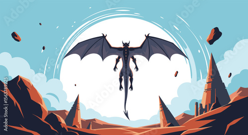 Majestic Dragon Soars Through a Vast Desert Landscape Under a Brilliant Full Moon Creating a Sense of Mythical Adventure