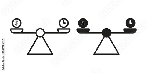 Time and money compare scale icon. Flat and stroke versions. Graphic elements.