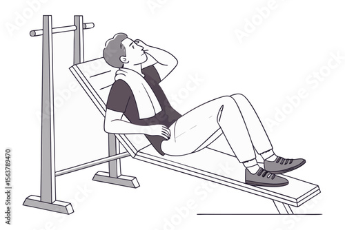 Man resting on an incline bench with a towel around his neck after a workout session at an outdoor gym