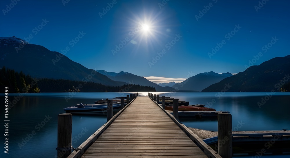 Obraz premium Illuminated Dock Leading to a Full Moonlit Lake at Night, A Bright Moon Shimmers Over Calm Water with Silhouetted Mountains, The Pier's Lights Create a Golden Path Towards the Horizon.