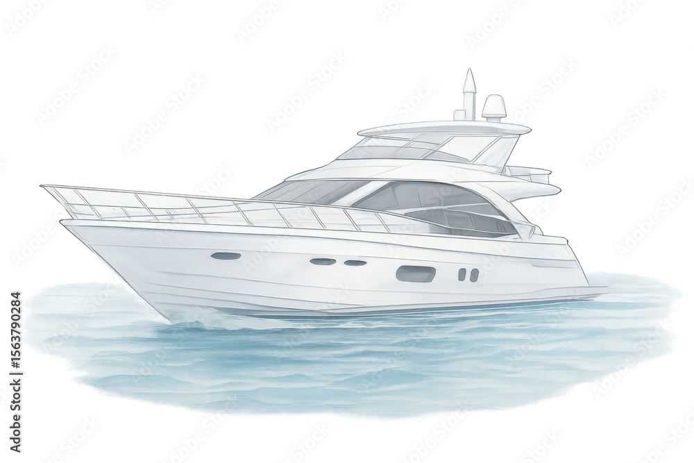 Fototapeta premium Large white motor yacht sailing on the sea, isolated on transparent background, ideal for travel and luxury concepts