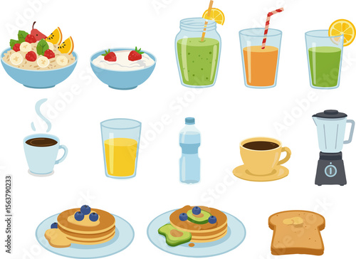 This food and drink icons set features vector illustrations of breakfast, coffee, cake, hamburger, pizza, and more meal icons