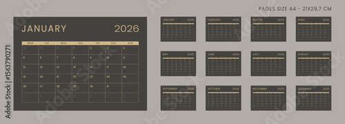 2026 Calendar Planner Set of Template 12 Monthly Page for Company or Personal use. Vector minimal layout of a wall or desk organizer with week start Monday. Page for size A4-21x29.7cm in dark color