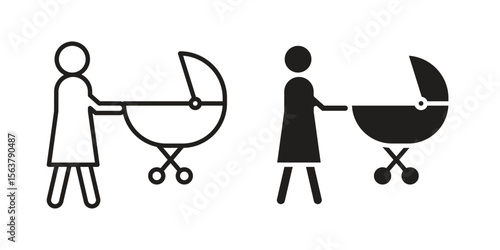 Woman with Baby Stroller icon. Flat and stroke versions. Graphic elements.