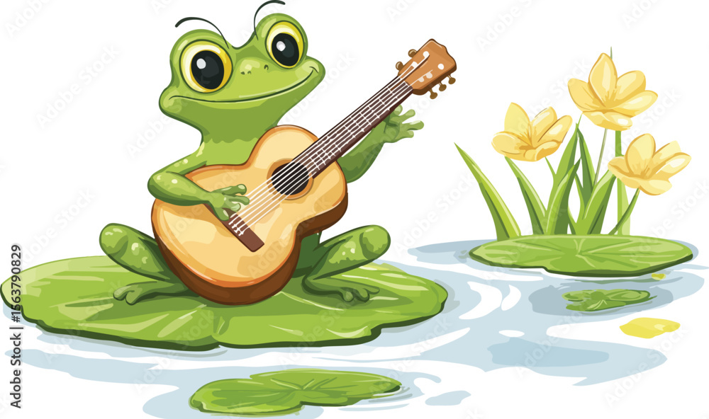Fototapeta premium A cute, green cartoon frog plays a guitar in the water, a happy amphibian illustration