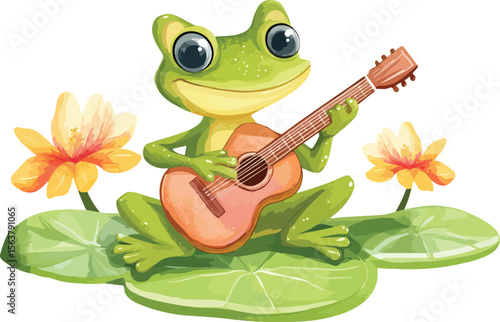 Here's a whimsical cartoon frog playing a guitar amidst green nature, blending musical joy with amphibian charm