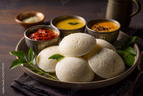 Steamed idlis served in a round plate with sambar and coconut chutney in small bowls. Clean tabletop setup