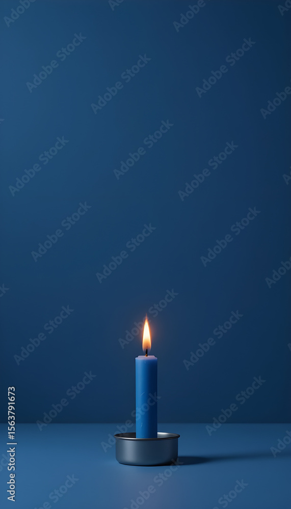 Fototapeta premium Minimalist Blue Candle with Flame Against Dark Background – Serene Still Life Photography