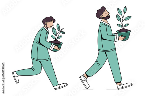 Two individuals in teal uniforms carrying potted plants symbolizing growth care and the journey of nurturing life