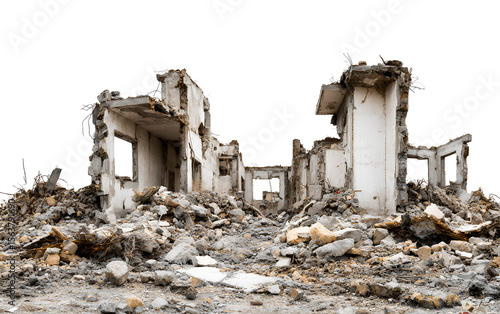  Destroyed building with rubble, white background