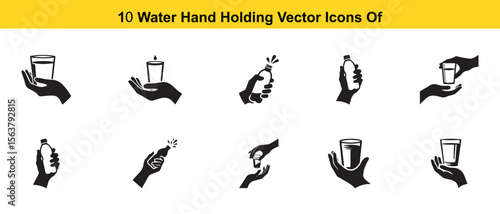 Collection of black silhouette hands holding water containers isolated on white background