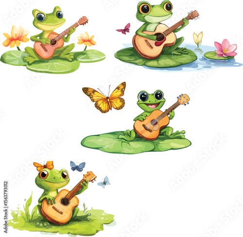 A funny green cartoon frog illustration shows a cheerful amphibian character, perhaps a toy or a playful monster, with a wide smile